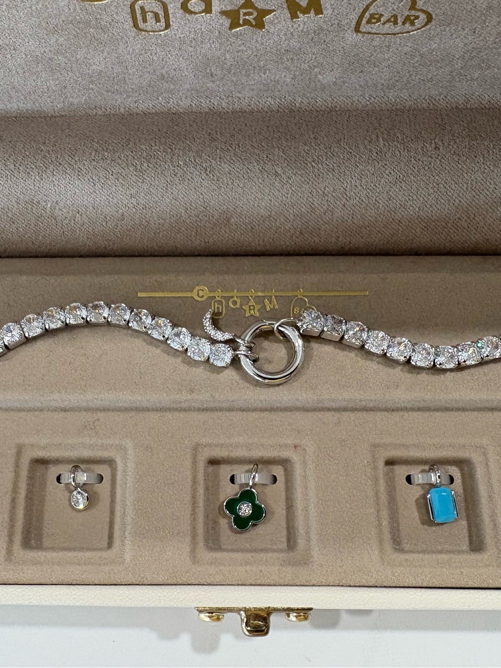 Charm Bar 6-Charm Tennis Bracelet Set 14KT White Gold Plated NWOT